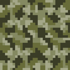 Camouflage mosaic design. Green shade pattern. Flat tile layout. Beige accents.