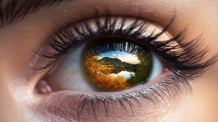 Fototapeta premium Close-up view of a human eye reflecting a serene landscape during golden hour
