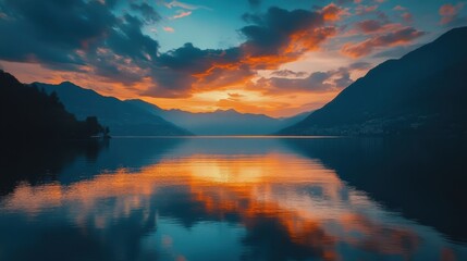 Beautiful sunset over calm lake surrounded by mountains, showcasing vibrant colors and reflections in still water