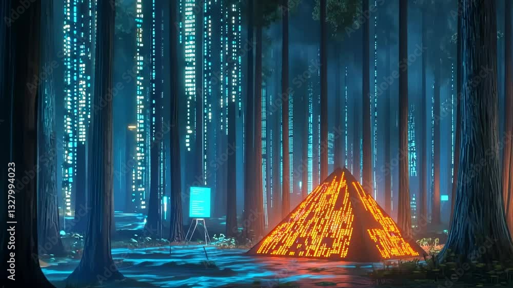 Poster illuminated pyramid glows amidst a mystical forest landscape with digital elements at twilight gener