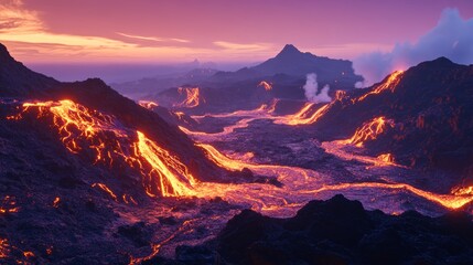 Naklejka premium Flowing Lava in Craggy Hills at Sunset 