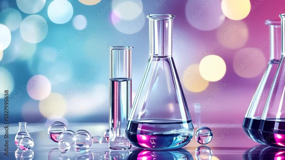 Poster exploring the enchanting world of laboratory glassware illuminated by vibrant lights at a creative s