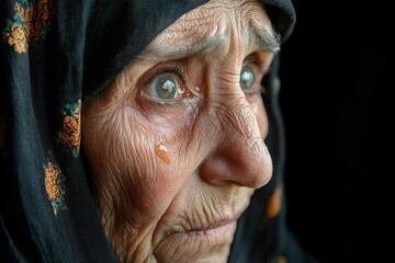 Obraz premium Elderly woman with deep wrinkles and emotional expression gazes toward light during quiet moment of reflection