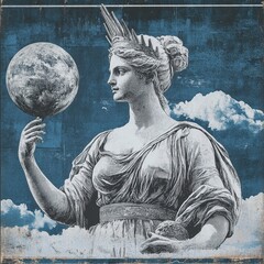 Obraz premium A classical statue holding a globe with a cloudy blue background