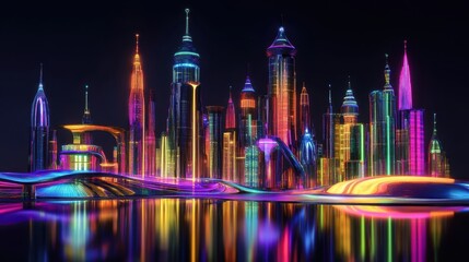 Fototapeta premium A Futuristic City Skyline Illuminated With Colorful Lights At Night