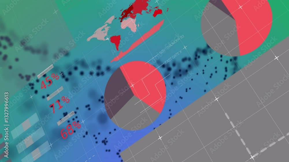 Poster abstract digital animation with world map, pie chart, and data lines