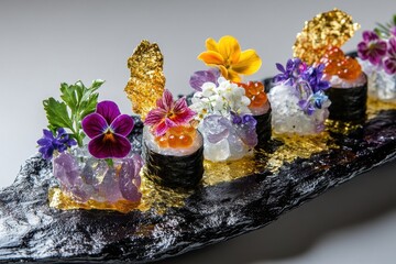 Beautifully crafted sushi with edible flowers and gold leaves presented on a dark stone plate in an elegant dining setting