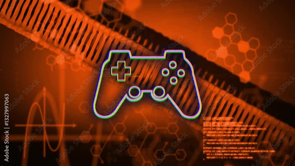 Poster animation of game controller icon on orange background with hexagonal patterns