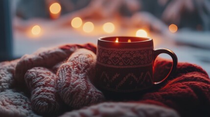 Fototapeta premium Cozy winter evening with a warm drink and knitted socks in a softly lit room