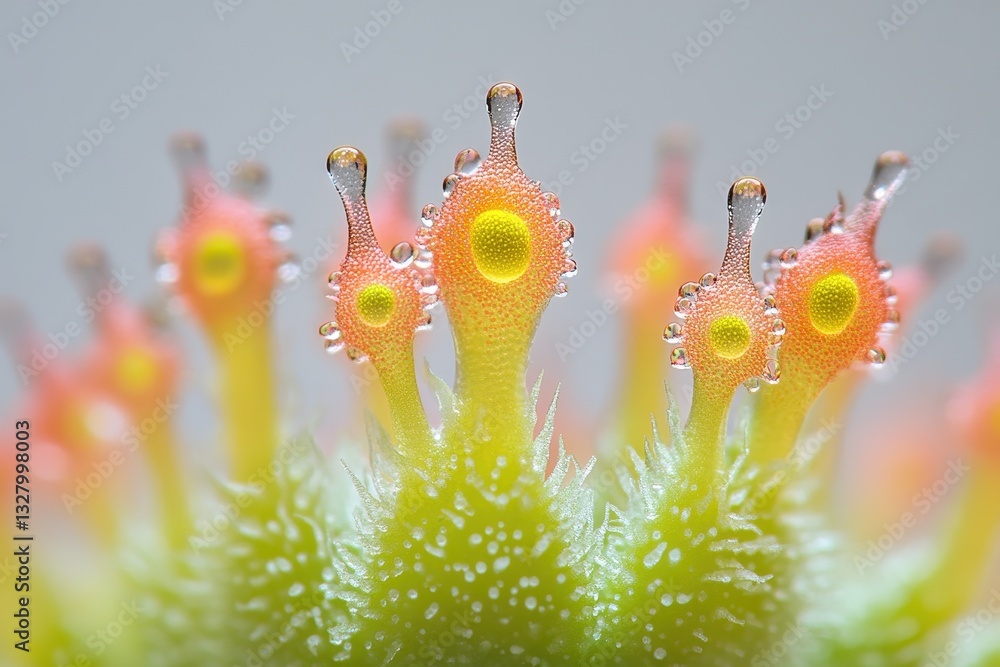 Aufkleber close-up view of water droplets on green plant with fuzz capturing light in a serene natural setting