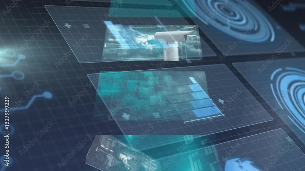 Poster animation of futuristic digital interface with data charts in school setting