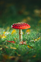 fly agaric mushroom on green grass background