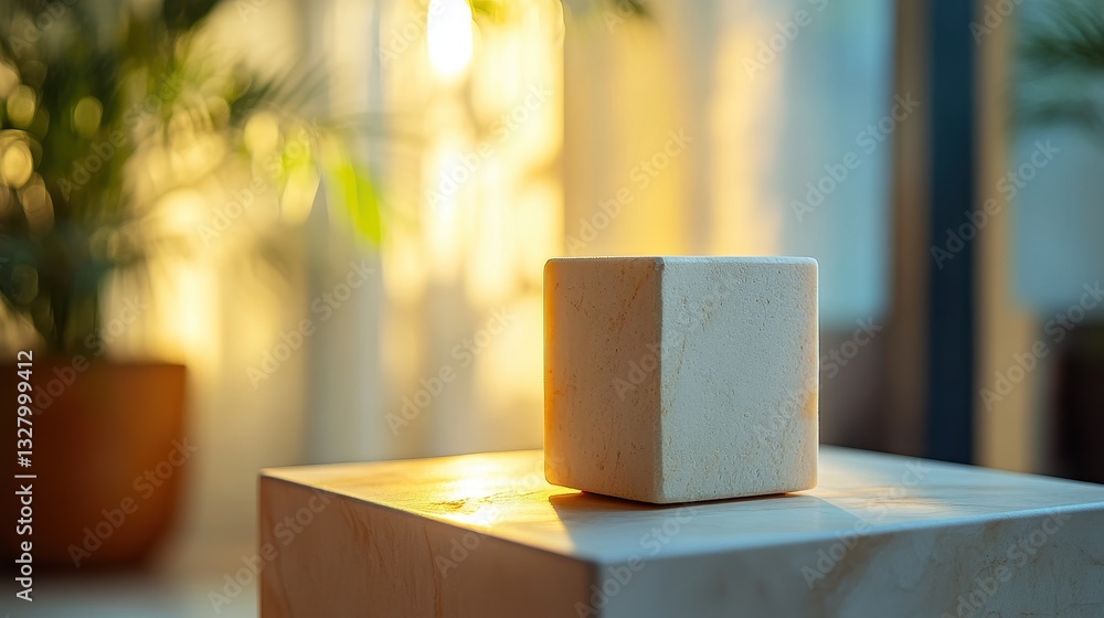 Poster soft sunlight illuminates a textured cube resting on a stone pedestal in a serene indoor setting sur