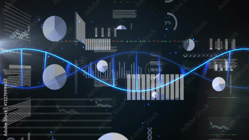 Poster dna strand with binary coding, processing scientific data in animation style