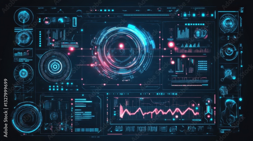 Poster futuristic digital user interface displays information and data visualizations