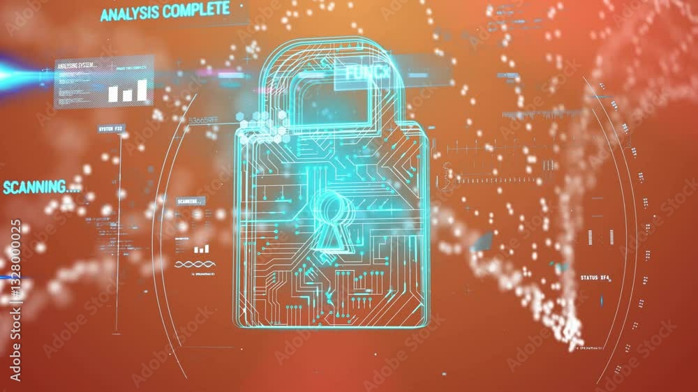 Poster digital lock and data processing animation over abstract orange background