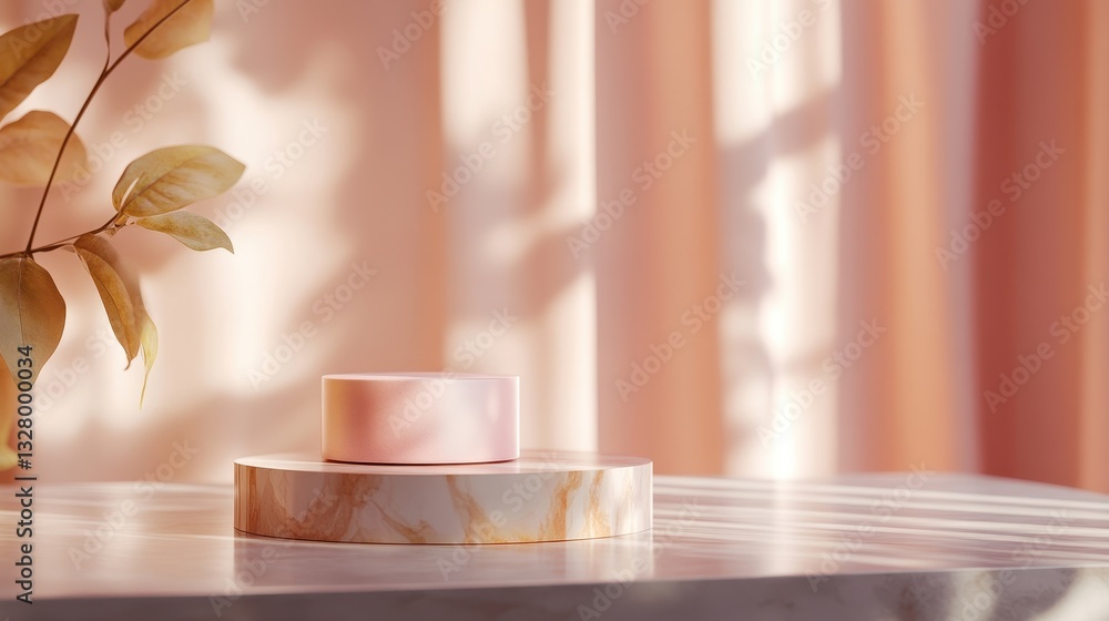 Poster soft sunlight illuminates a textured cube resting on a stone pedestal in a serene indoor setting sur