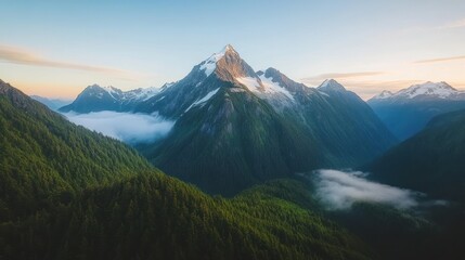 Fototapeta premium Majestic Mountain Peaks and Serene Valley at Dawn