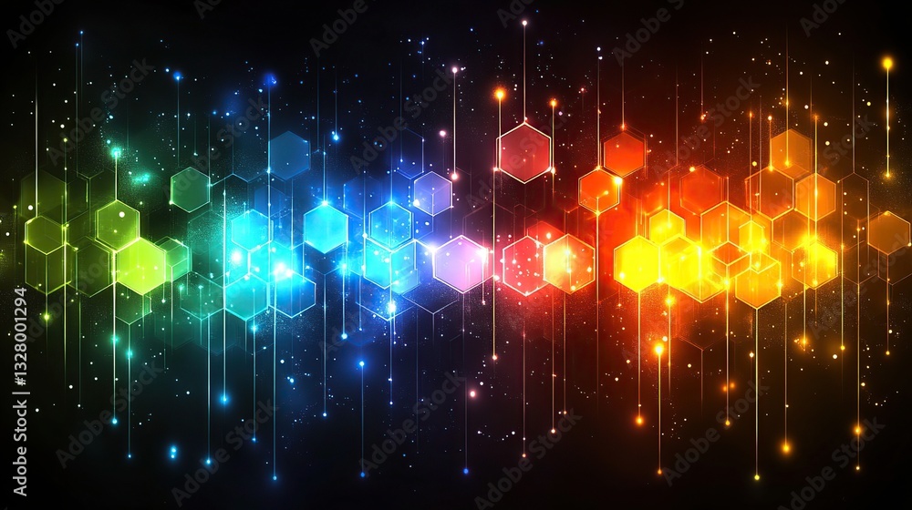 Poster abstract colorful hexagons with glowing lines