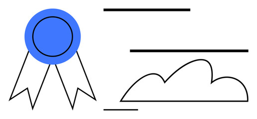 Blue ribbon symbolizing achievement, next to minimalist cloud and document elements. Ideal for success, certification, achievement, cloud technology, recognition, online learning, digital storage