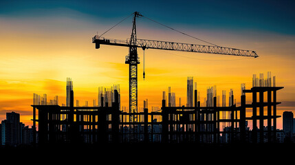 Silhouette of construction site at sunset