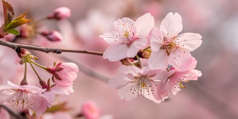 Obraz premium A close-up of blooming cherry blossoms with soft pastel tones, capturing the beauty of spring in delicate pink hues. Perfect for elegant floral designs.