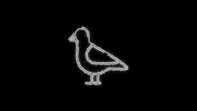 A sleek, minimalist pigeon outline pulses with a vibrant neon glow, shifting between electric blue and radiant pink. The pigeon smoothly flaps its wings in a seamless loop animation. 