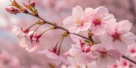 Fototapeta premium A mesmerizing view of pink sakura blossoms glowing in sunlight with a soft blur effect, evoking a peaceful and elegant springtime feel.