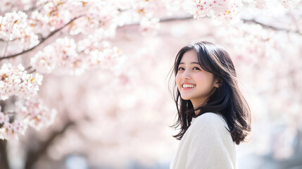 はる 春 日本人 日本 桜 さくら 女性 モデル スマイル 微笑み ポートレート 顔 ピンク 空白 コビースペース