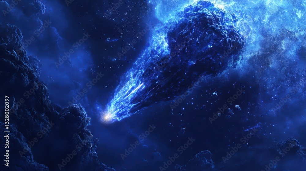 Poster a bright blue celestial object streaking across deep space