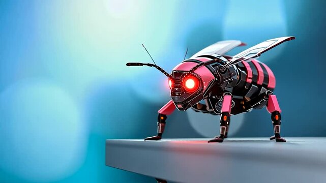 A futuristic robotic bee with glowing eyes perched on a ledge against a blurred blue background