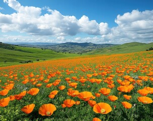 Fototapeta premium Vibrant Orange Poppy Flowers In Full Bloom Across Green Hills Under Bright Blue Sky With Fluffy Clouds In Spring Landscape
