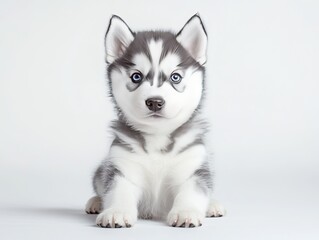 Obraz premium Adorable husky puppy sitting,isolated with gray and white fur coat
