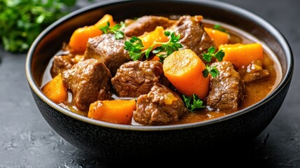Delicious Beef Stew with Carrots in a Dark Bowl