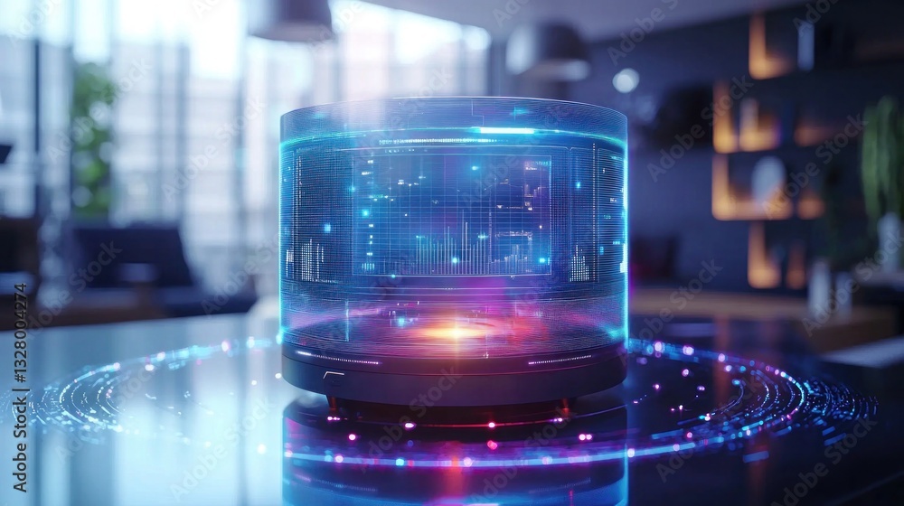 Poster futuristic data visualization with glowing holographic display