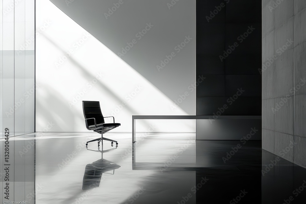 Aufkleber modern minimalist office interior design with circular window and natural light, featuring clean lin