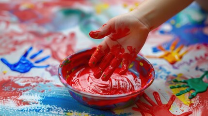 Child's Hand, Bowl of Paint, and Handprint Artwork