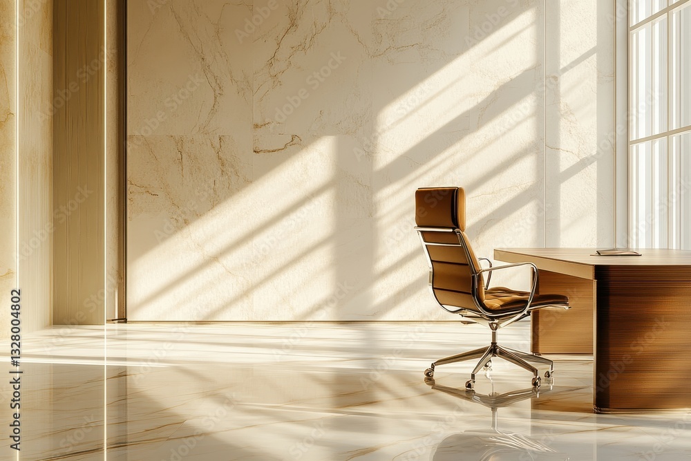 Poster modern minimalist office interior design with circular window and natural light, featuring clean lin
