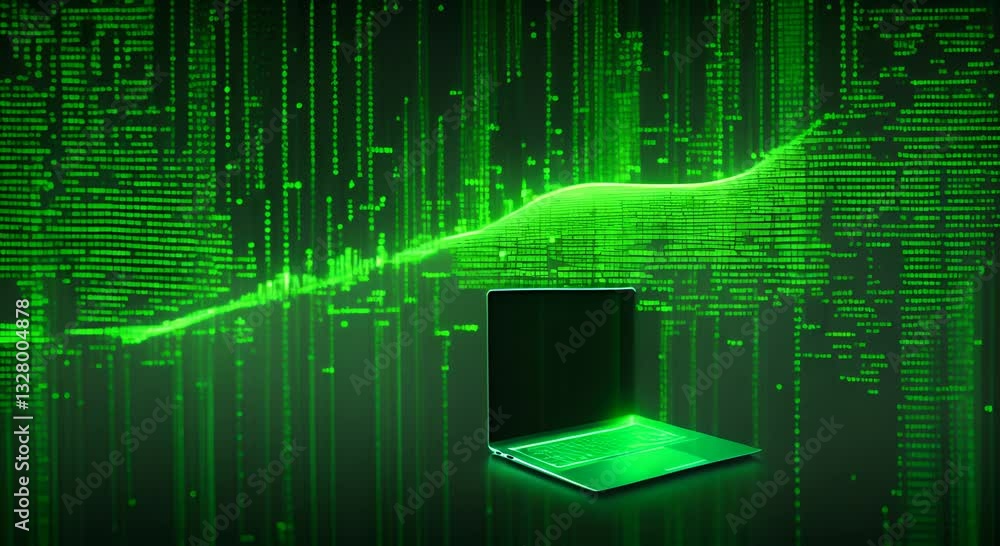 Poster close up of laptop screen displaying cascading green binary code at night 4k