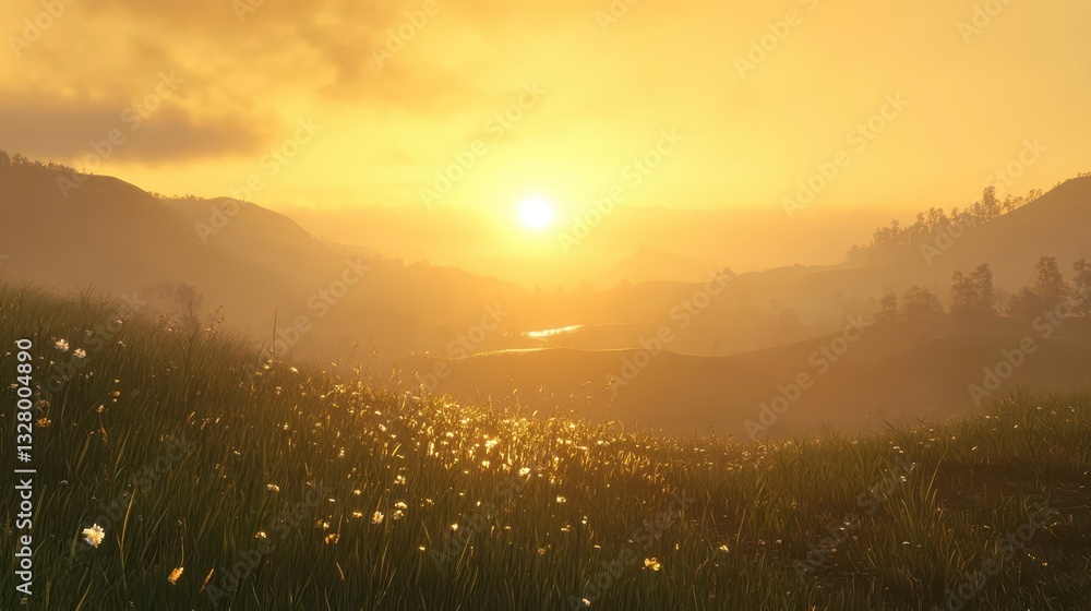 Poster a golden sun setting over hills and fields in soft light