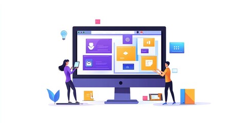 Web Design Team Building Website Interface on Large Computer Screen