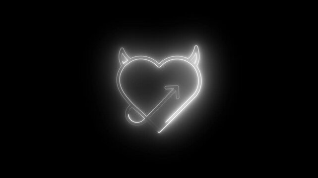 A glowing neon devil heart with sharp horns and a curling tail pulses in a mesmerizing animation.A devilish heart icon glows in neon, its horns and tail shifting subtly in an eye-catching animation.