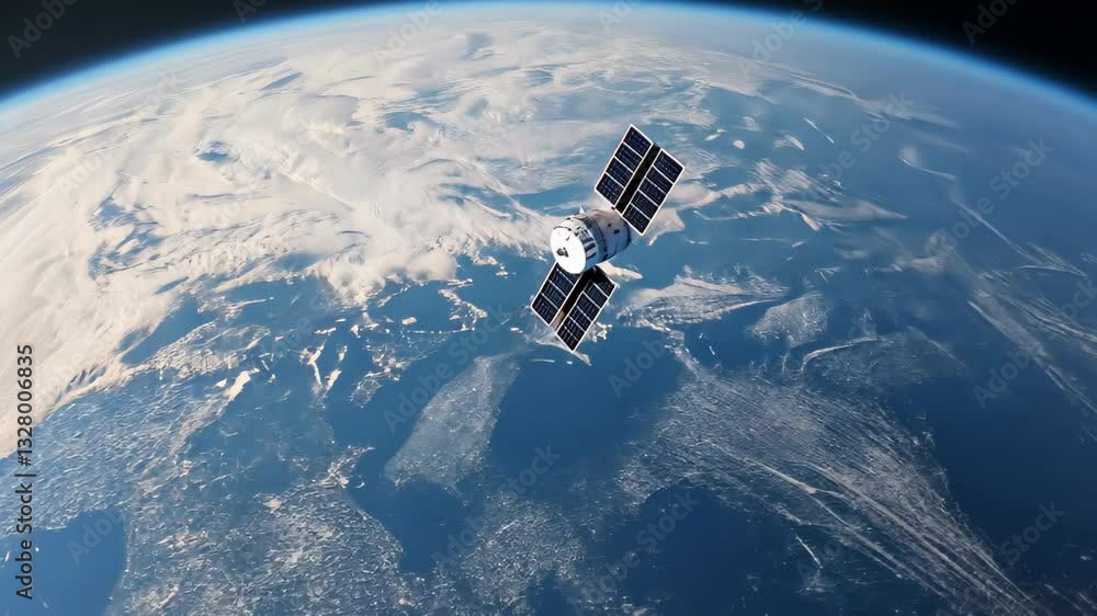 Poster high resolution satellite image of earth showing spacecraft orbiting above blue atmosphere capturing