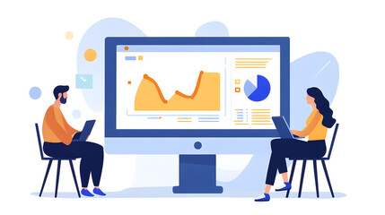 Professional Illustration of People Engaged in Online Analytics Monitoring Activity