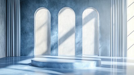 Elegant Studio with Arched Windows and Soft Blue Tones Perfect for Events or Creative Performances