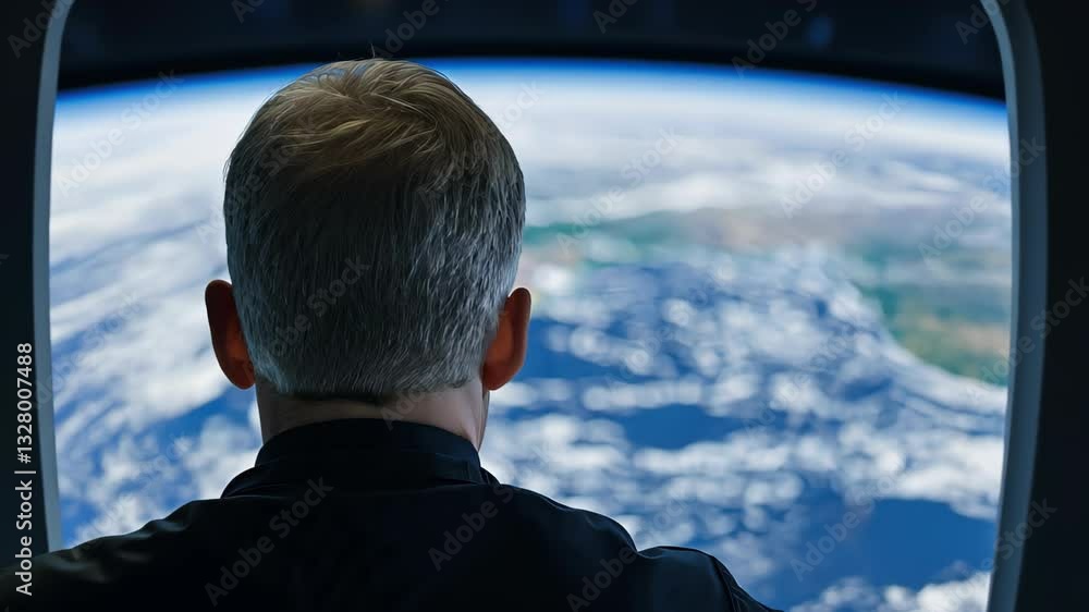 Poster person observing earth from space through a large window with a blurred planetary view space explora