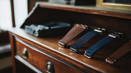Several watch straps displayed inside a wooden desk drawer elegantly