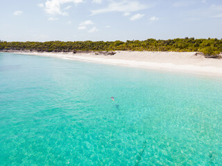 Aerial view Pink Island, The Bahamas, clear waters near a tropical coastline with lush greenery.