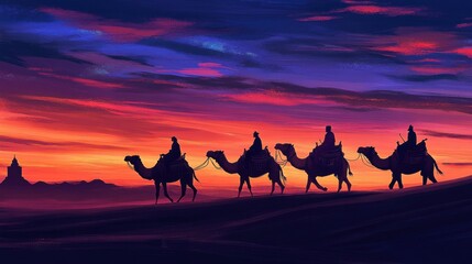 Four Camel Riders Silhouetted Against Desert Sunset
