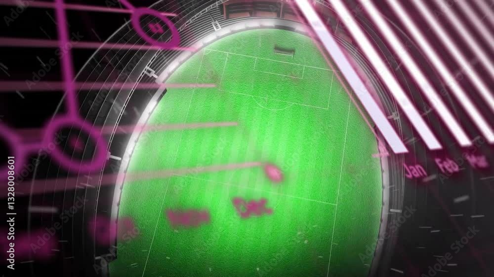 Poster futuristic digital interface with coding animation over soccer field graphic